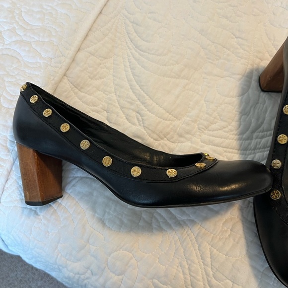 Tory Burch Black Leather Heels with Gold Studs EUC - Picture 6 of 8